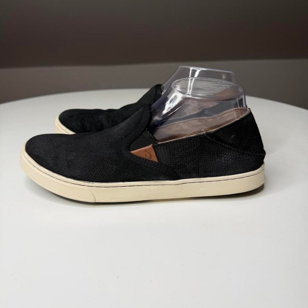 OluKai‎ Pehuea Black Leather Slip-On Sneakers Comfort